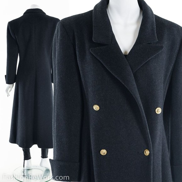 Nautical Wool Trench Coat,Double Breasted Coat,Gold Loin Butto Peacoat,Charcoal
